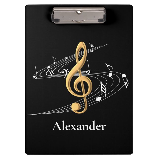 Elegant Gold and Black Music Notes Custom Name Clipboard (Front)