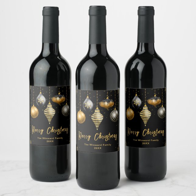 Elegant Gold and Black Ornament Christmas Wine Label (Bottles)