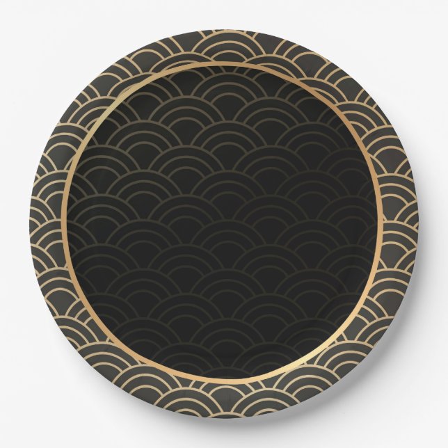 Elegant gold and black pattern paper plate (Front)