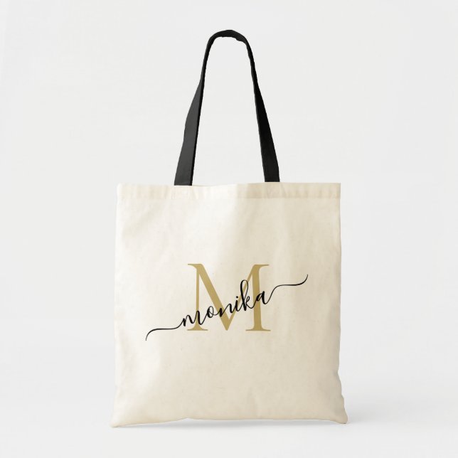Elegant Gold and Black Personalised Monogram Tote Bag (Front)