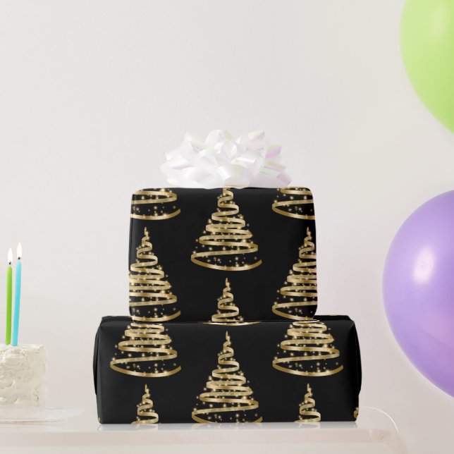 Elegant Gold and Black Ribbon Tree Christmas Wrapping Paper (Party Gifts)