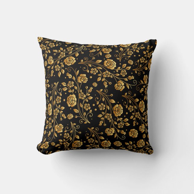 Elegant Gold and Black Rose Throw Pillow (Front)