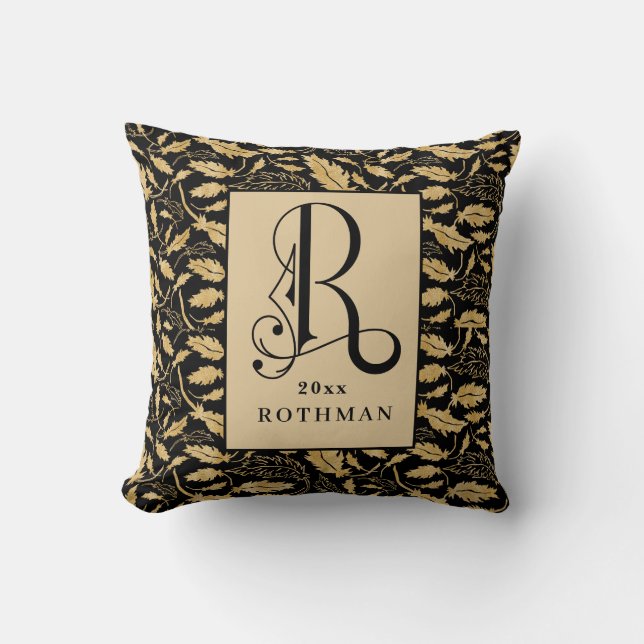 Elegant Gold and Black Scroll Typorgraph Monogram Cushion (Front)