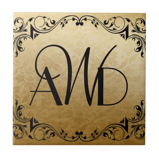 Elegant Gold and Black Three Initials Tile (Front)