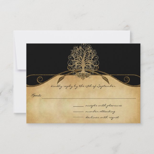 Elegant Gold and Black Tree Wedding RSVP Card (Front)