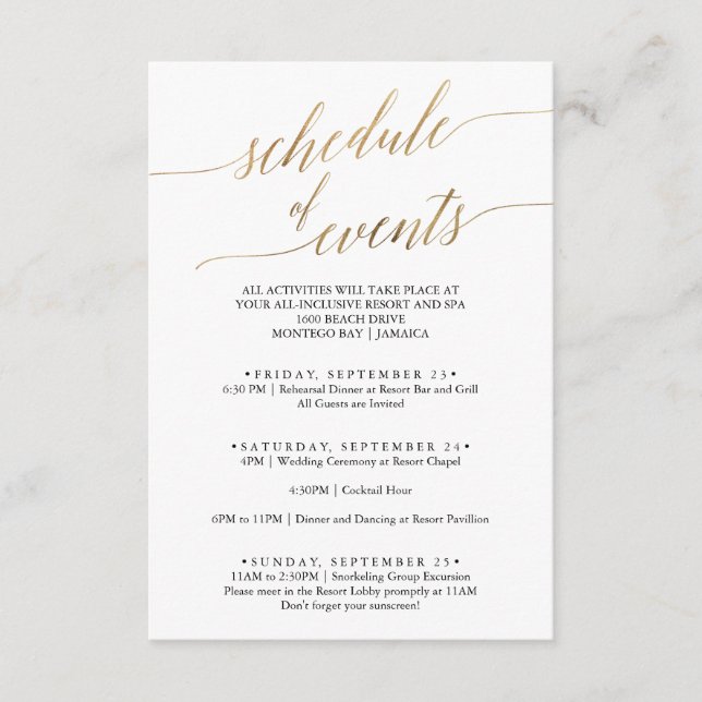 Elegant Gold and Black Wedding Schedule of Events Enclosure Card (Front)