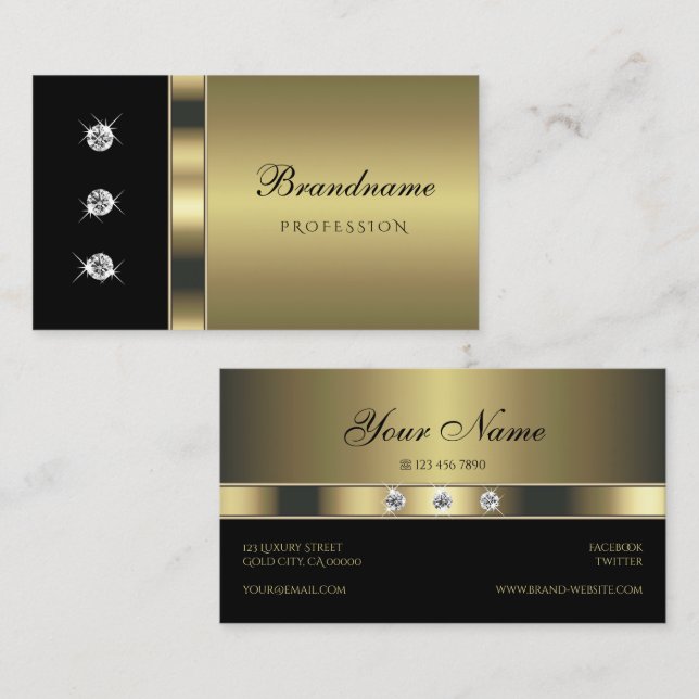 Elegant Gold and Black with Luminous Rhinestones Business Card (Front/Back)