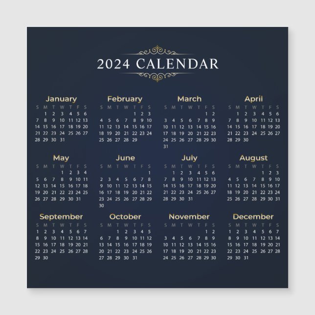 Elegant Gold and Blue 2024 Calendar Magnetic Card (Front)