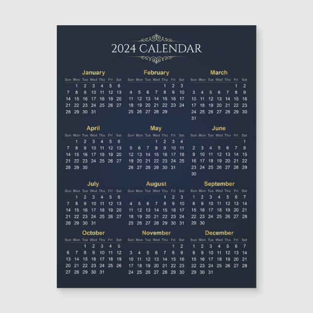 Elegant Gold and Blue 2024 Calendar Magnetic Card (Front)