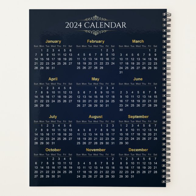 Elegant Gold and Blue 2024 Calendar | Planner (Back)