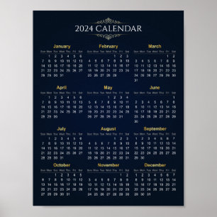 Elegant Gold and Blue 2024 Calendar Poster