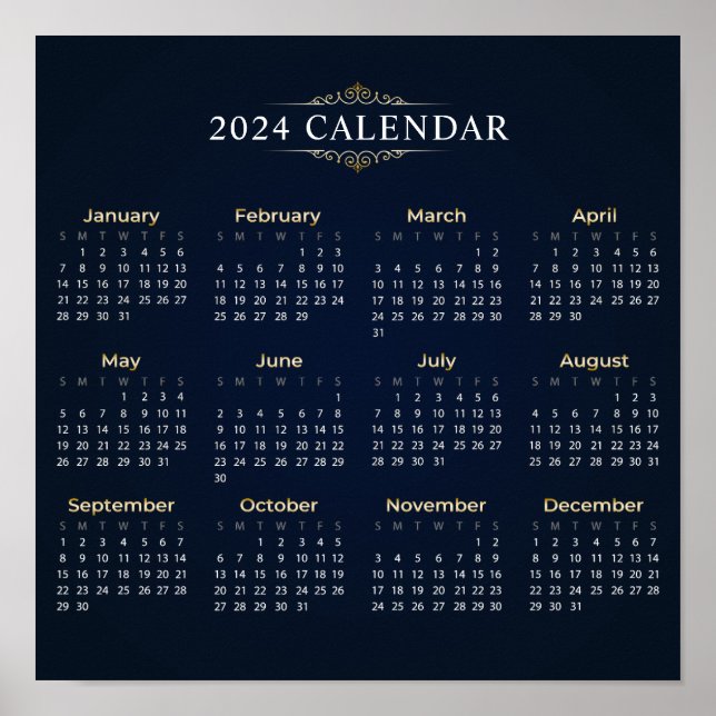 Elegant Gold and Blue 2024 Calendar | Poster (Front)