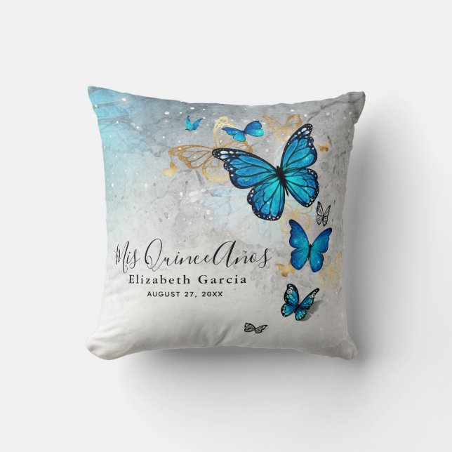 Elegant Gold and Blue Butterfly Mis Quince Anos Cushion (Front)