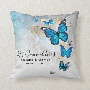 Elegant Gold and Blue Butterfly Mis Quince Anos Cushion