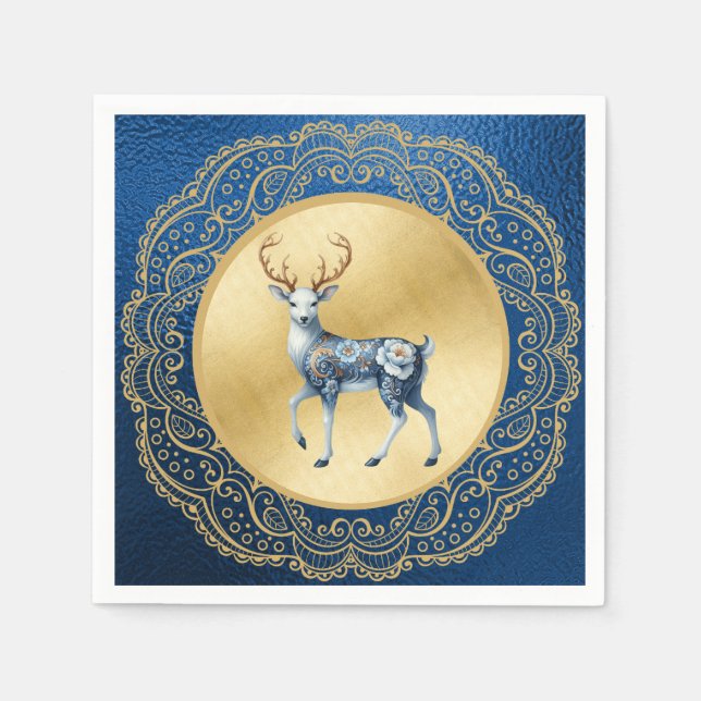 Elegant Gold and Blue Cocktail Napkin (Front)