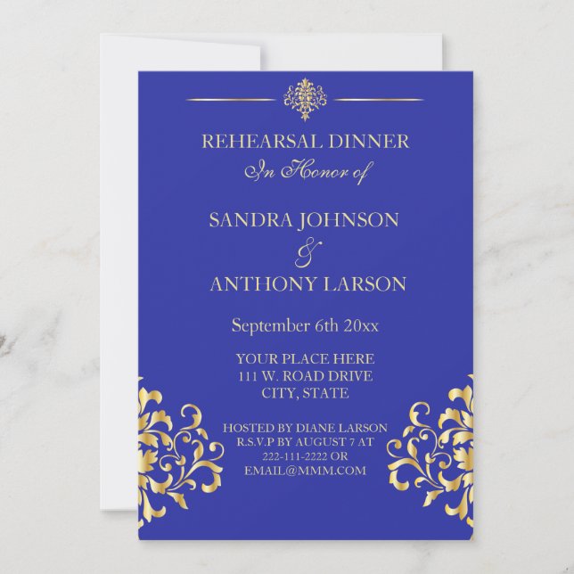 Elegant Gold and Blue Damask Rehearsal Invitation (Front)