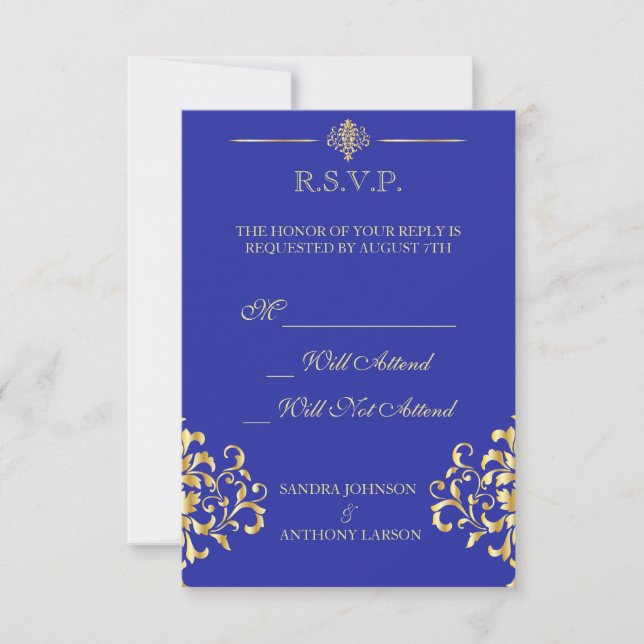 Elegant Gold and Blue Damask Wedding R.S.V.P. RSVP Card (Front)