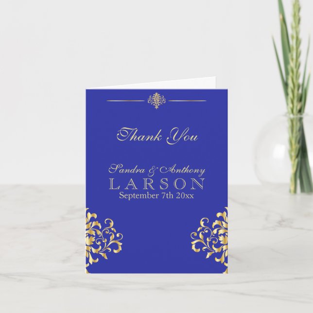 Elegant Gold and Blue Damask Wedding Thank You (Front)