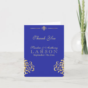 Elegant Gold and Blue Damask Wedding Thank You Card