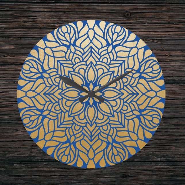 Elegant Gold and Blue Floral Mandala Large Clock (Creator Uploaded)