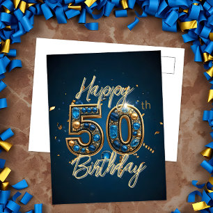 Elegant Gold and Blue Gemstone 50th Birthday Postcard