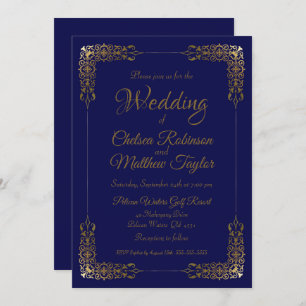 Elegant Gold and Blue Lace Wedding Invitation