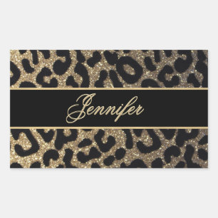 Elegant Gold and Blue Leopard Print Rectangular Sticker