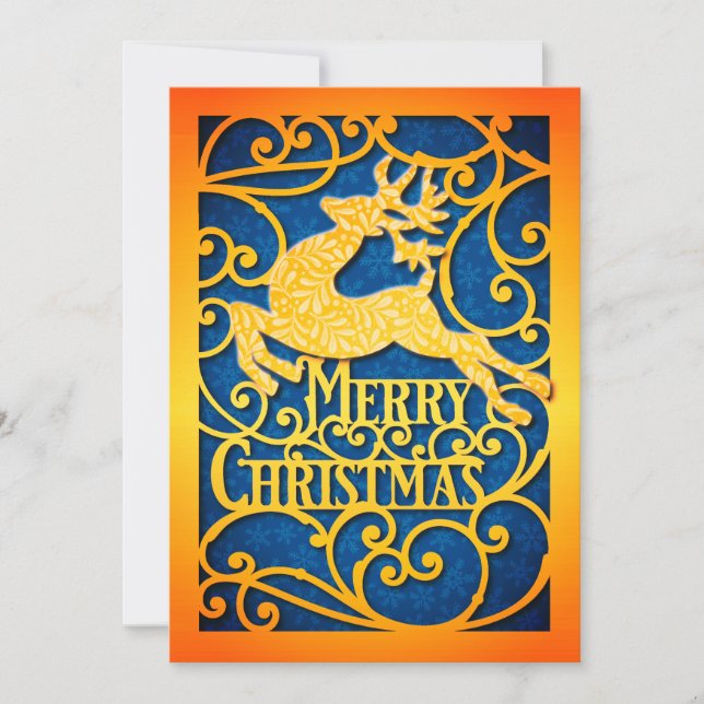Elegant Gold and Blue Reindeer "Merry Christmas"  Holiday Card (Front)