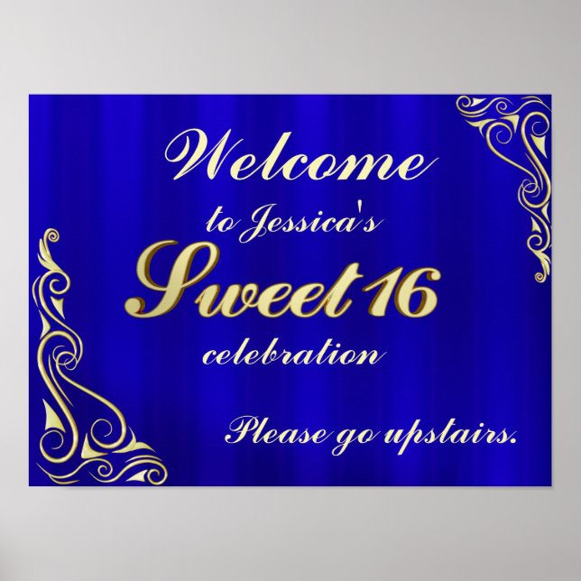 Elegant Gold and Blue Sweet 16 Welcome Sign (Front)
