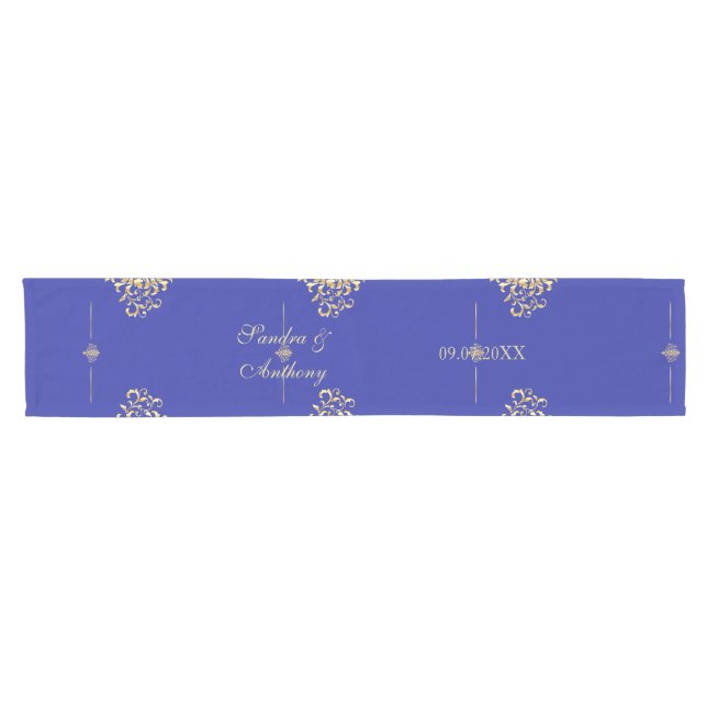 Elegant Gold and Blue Wedding Table Runner (Horizontal)