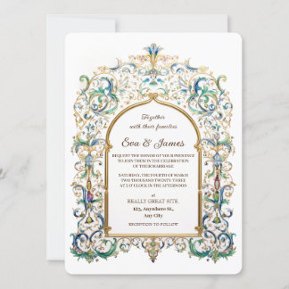 Elegant Gold and Blue Wedding Vintage Flourishes Invitation