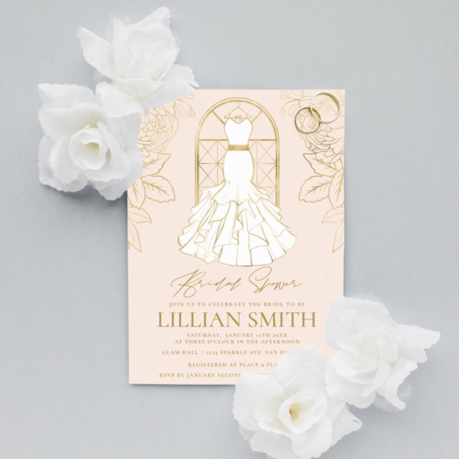 Elegant Gold and Blush Bridal Dress Bridal Shower  Invitation (Creator Uploaded)