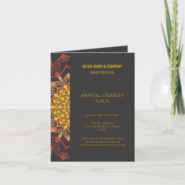 Elegant gold and brown charity gala party invitation (Front)