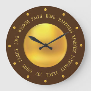 Elegant Gold and Brown Good Vibes Large Clock