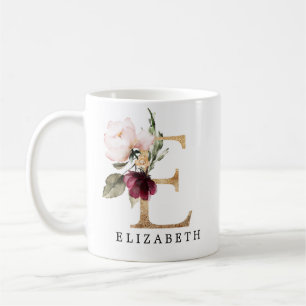 Elegant Gold and Burgundy Blush Flower Letter E Coffee Mug
