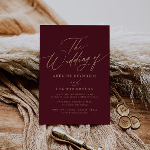 Elegant Gold and Burgundy Calligraphy Wedding of Invitation