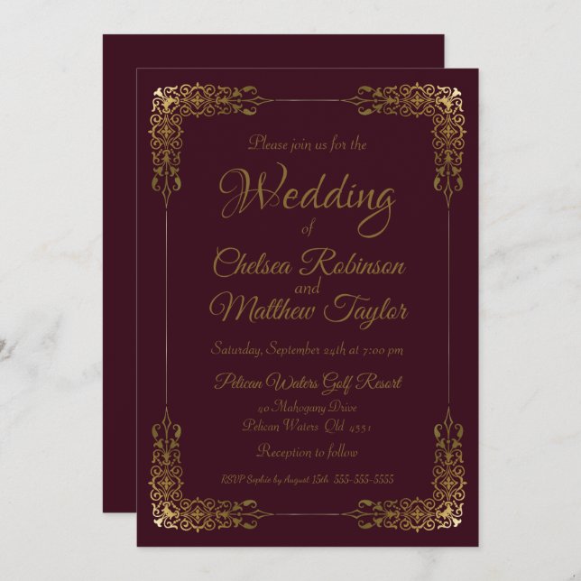 Elegant Gold and Burgundy Lace Wedding Invitation (Front/Back)