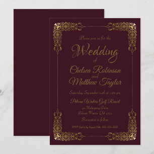 Elegant Gold and Burgundy Lace Wedding Invitation