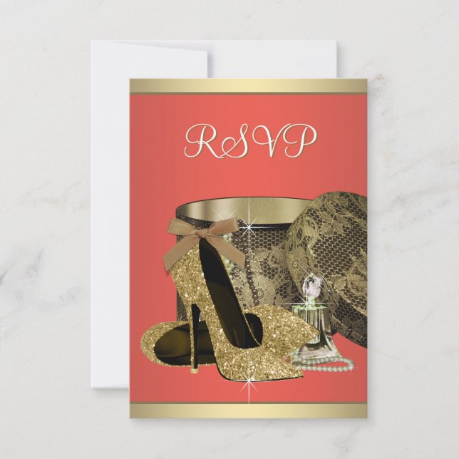 Elegant Gold and Coral Guava Birthday Party RSVP Card (Front)