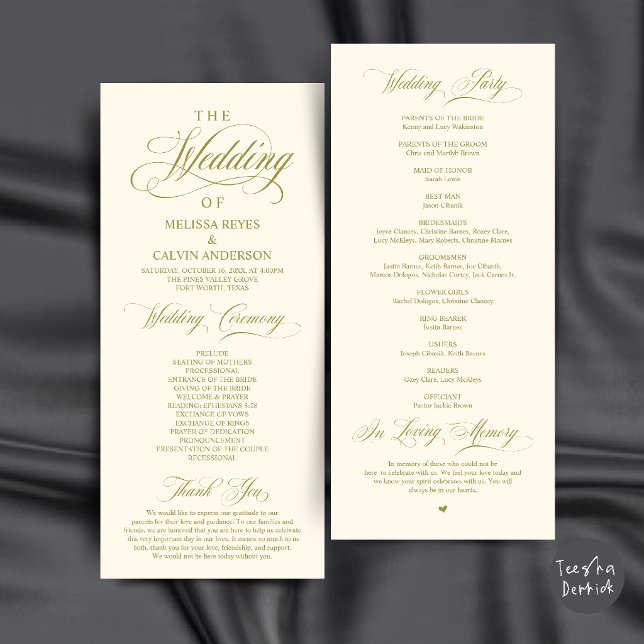 Elegant Gold and Cream Script Wedding Ceremony Program (Elegant Gold and Cream Script Wedding Ceremony Order Program Card)