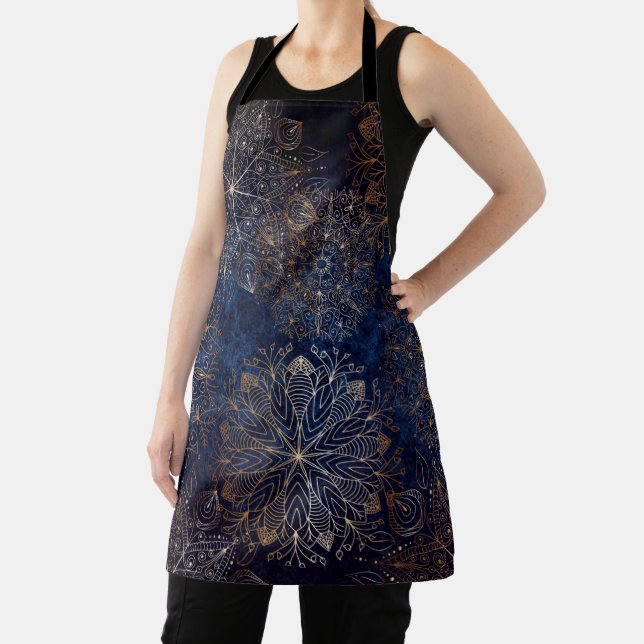 Elegant Gold and Dark Blue Floral Mandala Pattern Apron (Insitu)
