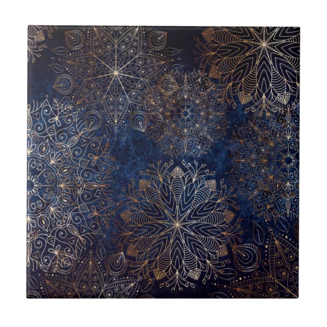 Elegant Gold and Dark Blue Floral Mandala Pattern Ceramic Tile (Front)