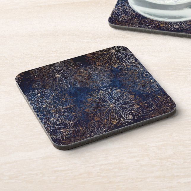 Elegant Gold and Dark Blue Floral Mandala Pattern Coaster (Left Side)