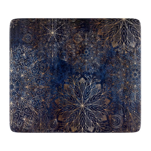 Elegant Gold and Dark Blue Floral Mandala Pattern Cutting Board (Front)