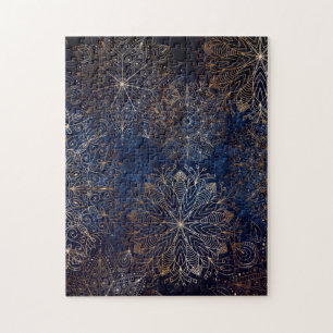 Elegant Gold and Dark Blue Floral Mandala Pattern Jigsaw Puzzle