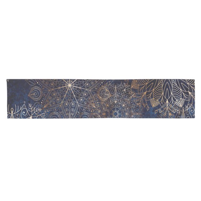 Elegant Gold and Dark Blue Floral Mandala Pattern Short Table Runner (Horizontal)