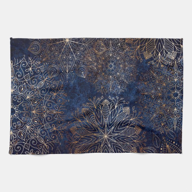 Elegant Gold and Dark Blue Floral Mandala Pattern Tea Towel (Horizontal)