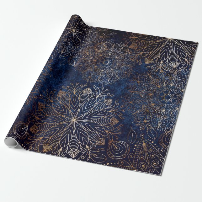 Elegant Gold and Dark Blue Floral Mandala Pattern Wrapping Paper (Unrolled)