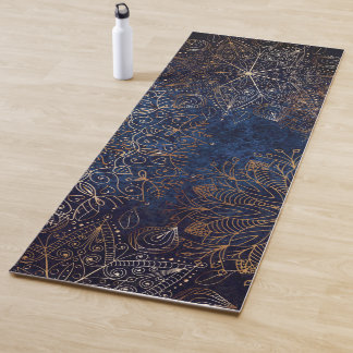 Elegant Gold and Dark Blue Floral Mandala Pattern Yoga Mat
