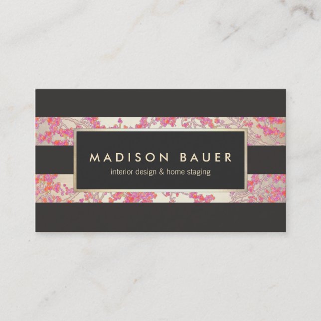 Elegant Gold and Dark Brown Stripes Pink Floral Business Card (Front)